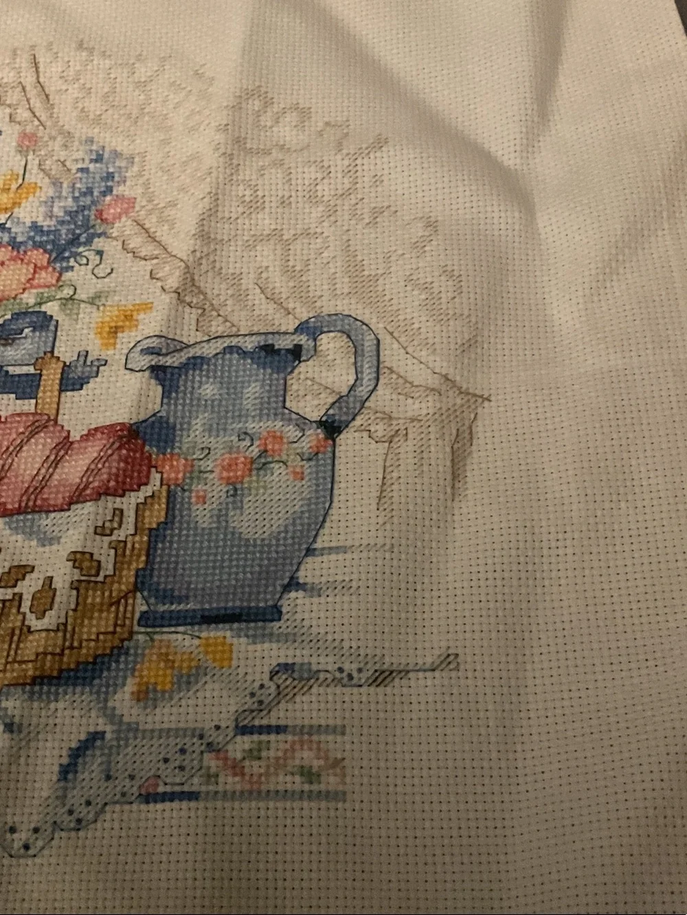 Hand-Embroidered Floral Still Life Cross-Stitch - Pink and Blue